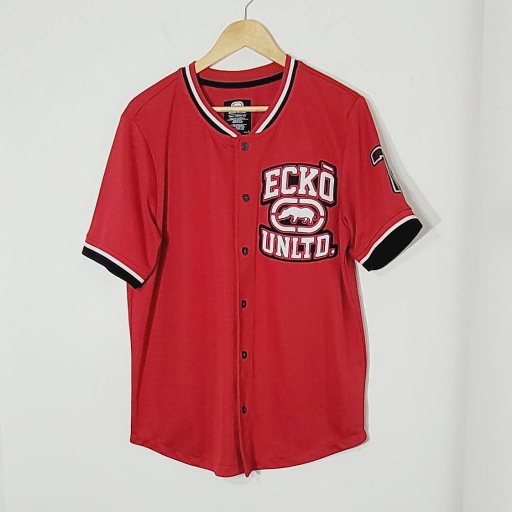 ECKŌ UNLTD 72 Red Short Sleeve Button Down Jersey Shirt Unisex Size Medium